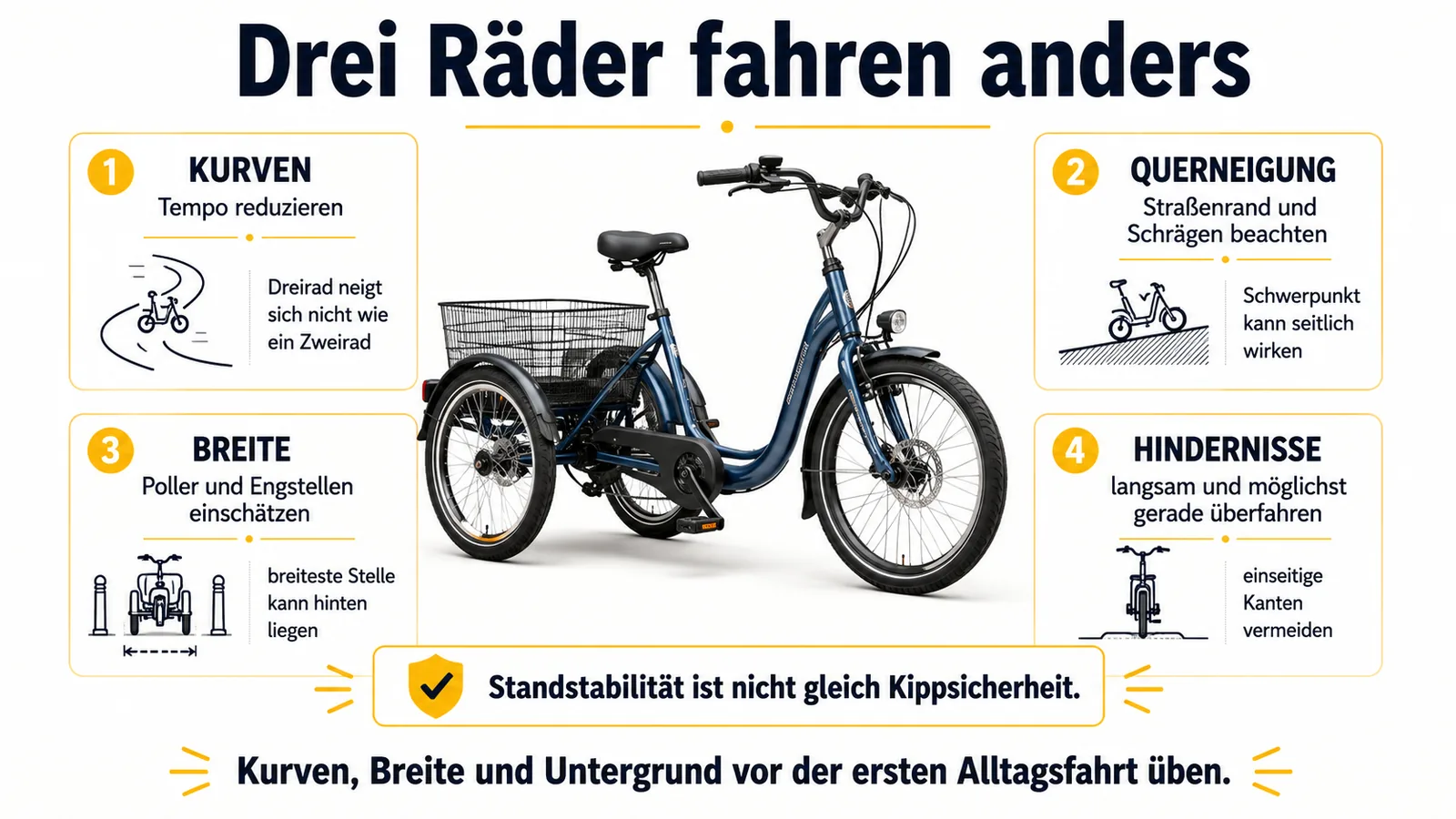 Vier Sicherheitsfaktoren beim E-Dreirad: Kurven, Querneigung, Fahrzeugbreite und Hindernisse