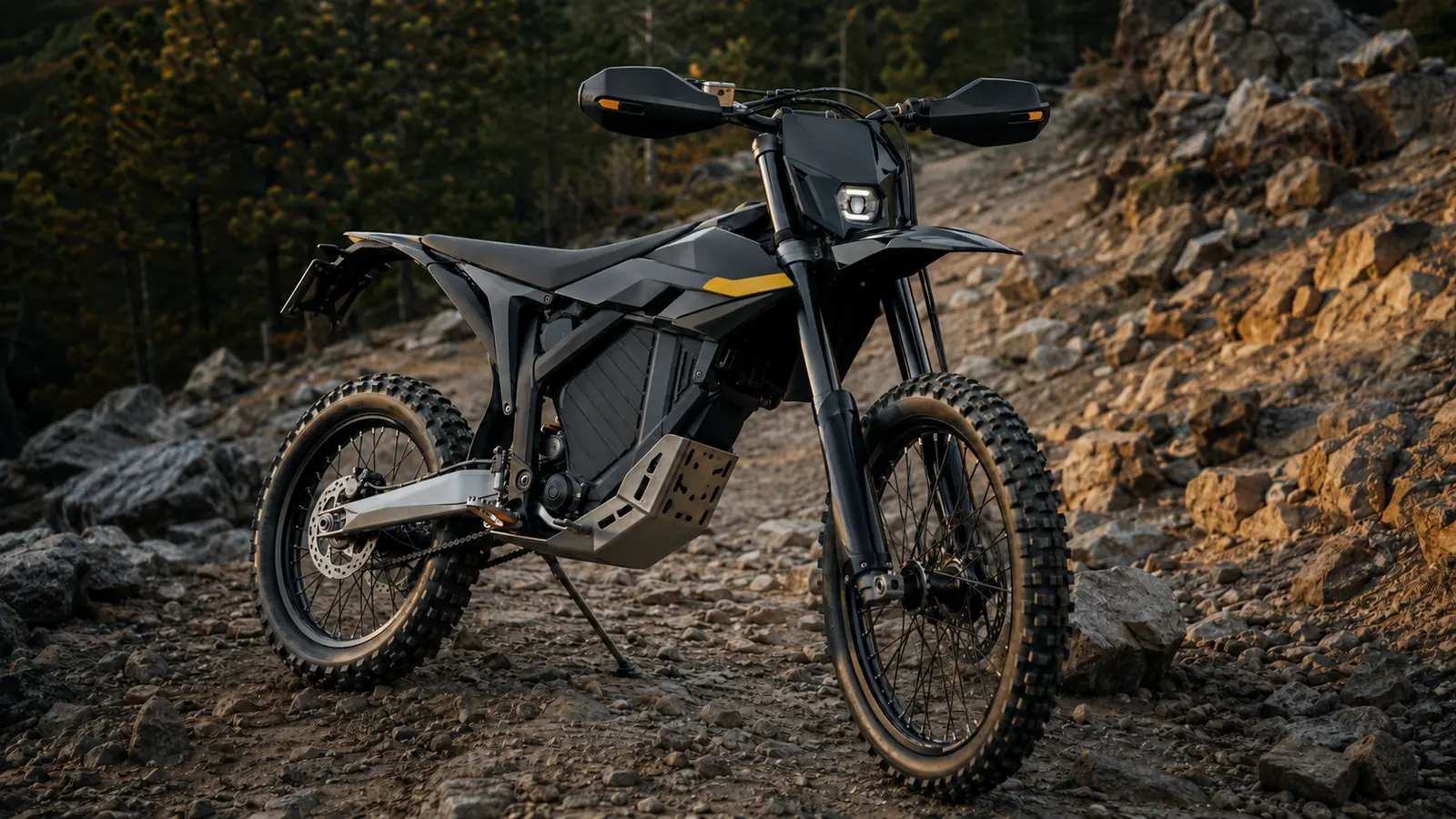 E-Enduro im felsigen Gelände mit montierten Handguards und Unterfahrschutz