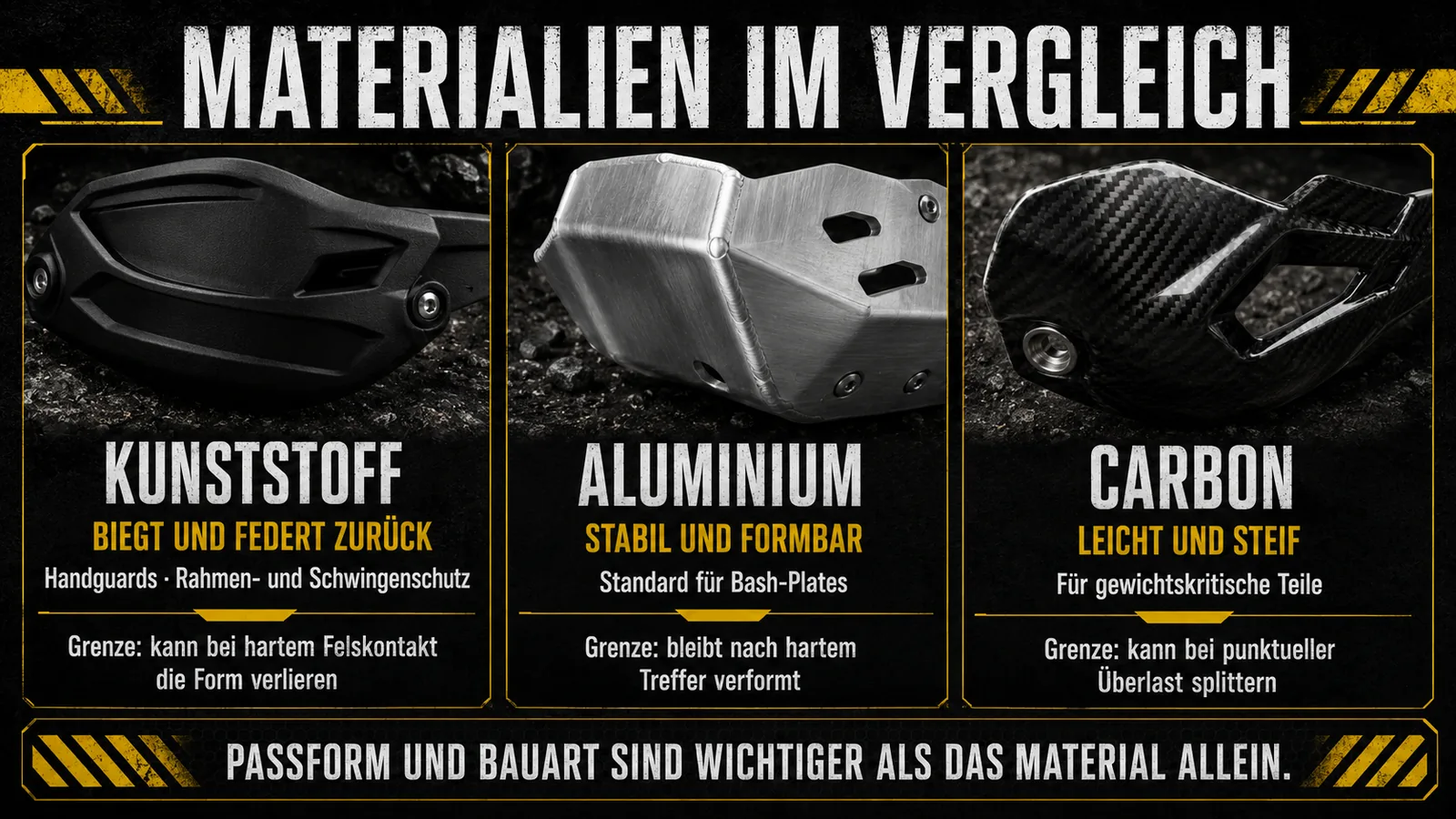 Materialien für Anbauschutz an der E-Enduro im Überblick