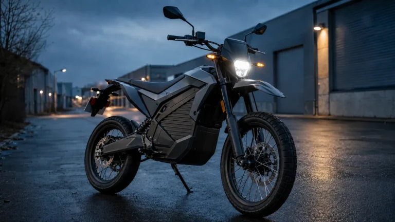 E-Enduro-Straßenversion frontal in der Dämmerung mit aktivem Scheinwerfer, Blinker und Spiegel