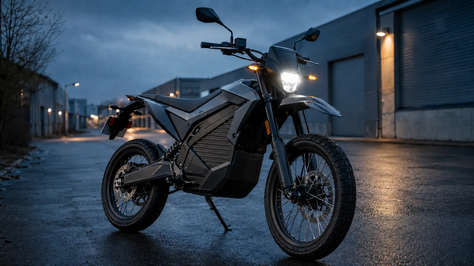 E-Enduro-Straßenversion frontal in der Dämmerung mit aktivem Scheinwerfer, Blinker und Spiegel