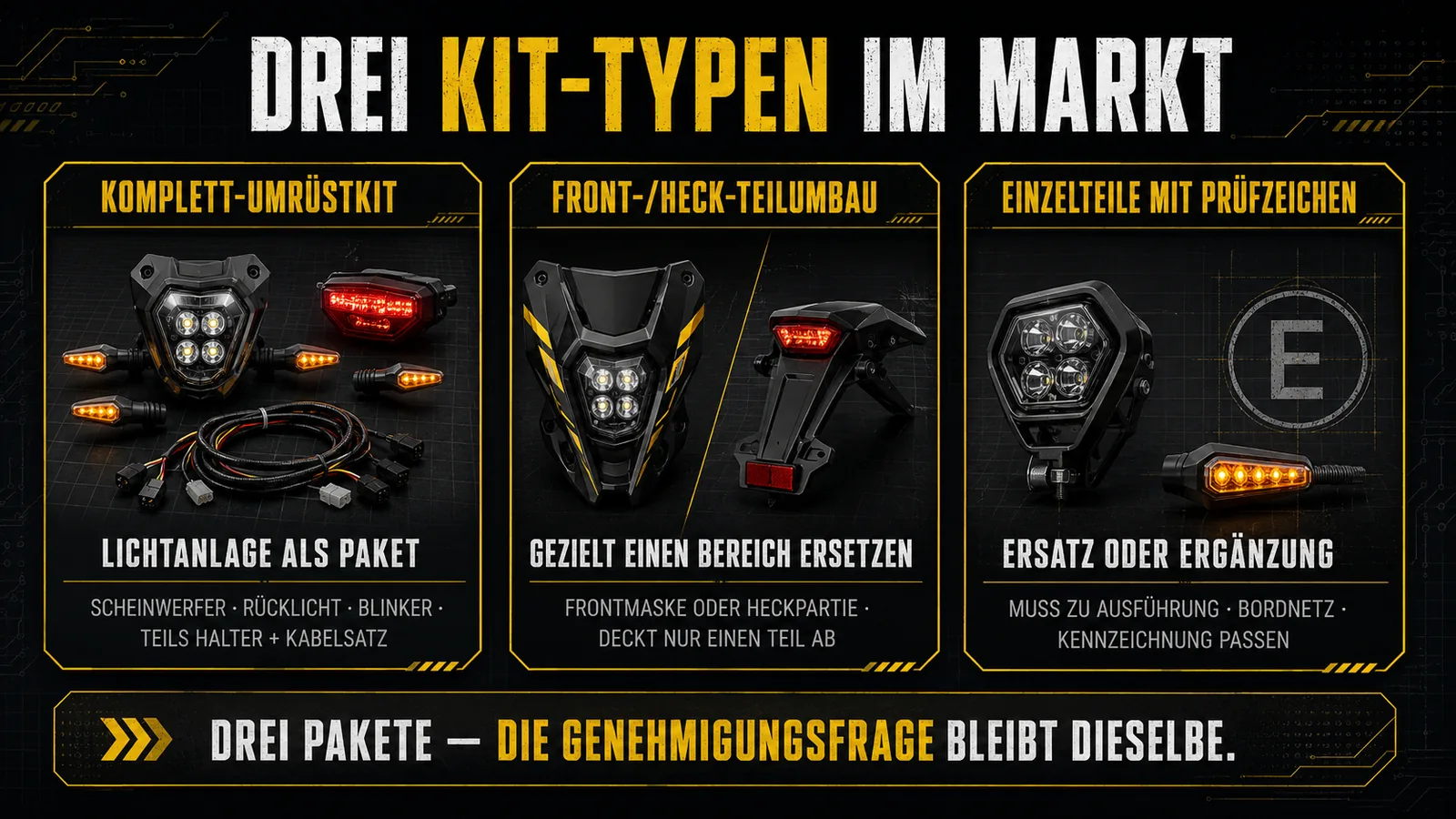 Drei Beleuchtungs-Kit-Typen: Komplett-Umrüstkit, Teilumbau, Einzelteile mit Prüfzeichen
