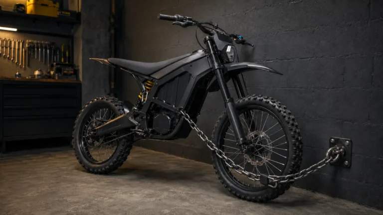 E-Enduro in der Garage, mit schwerer Kette an einem Bodenanker gesichert