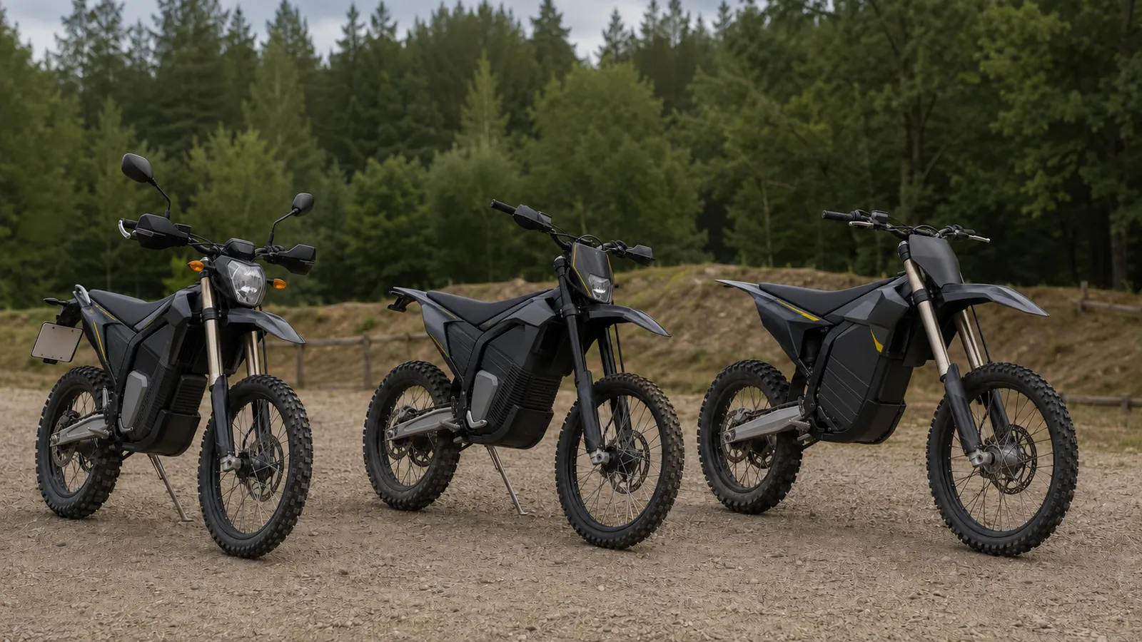 Drei Elektro-Enduros nebeneinander auf einem Geländeplatz als Kaufauswahl