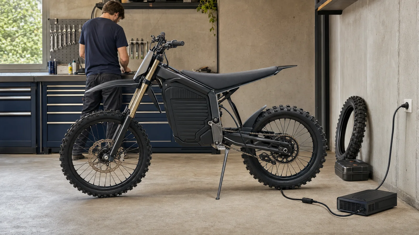 Elektro-Enduro in einer Garage mit Ladegerät an der Steckdose und Ersatzreifen
