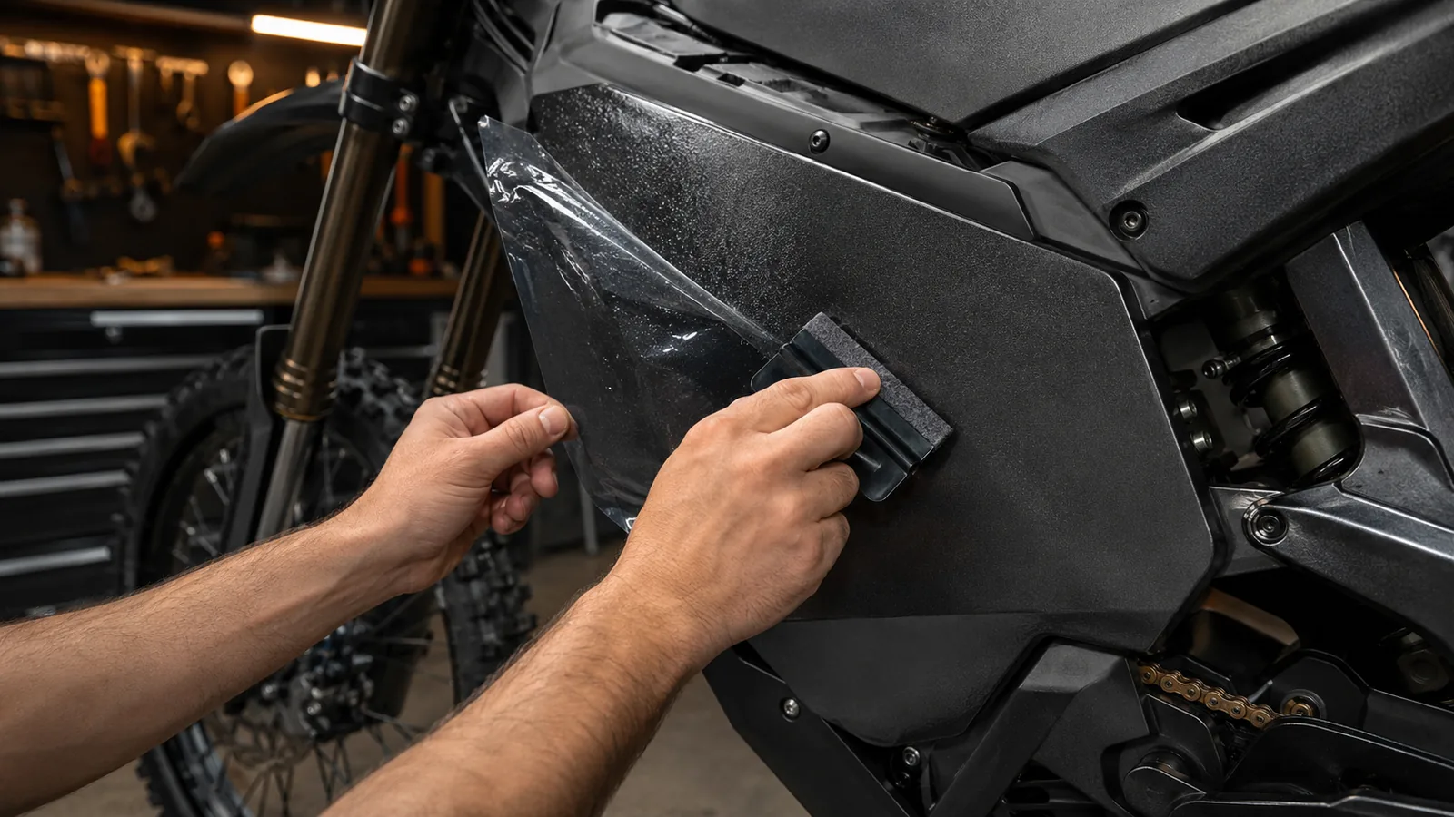 Hände bringen mit Rakel transparente Schutzfolie auf einen E-Enduro-Akkukasten auf