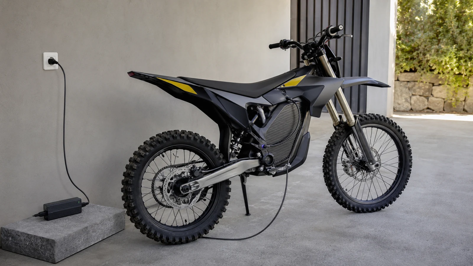 Elektro-Enduro lädt über ein Ladegerät an einer Haushaltssteckdose
