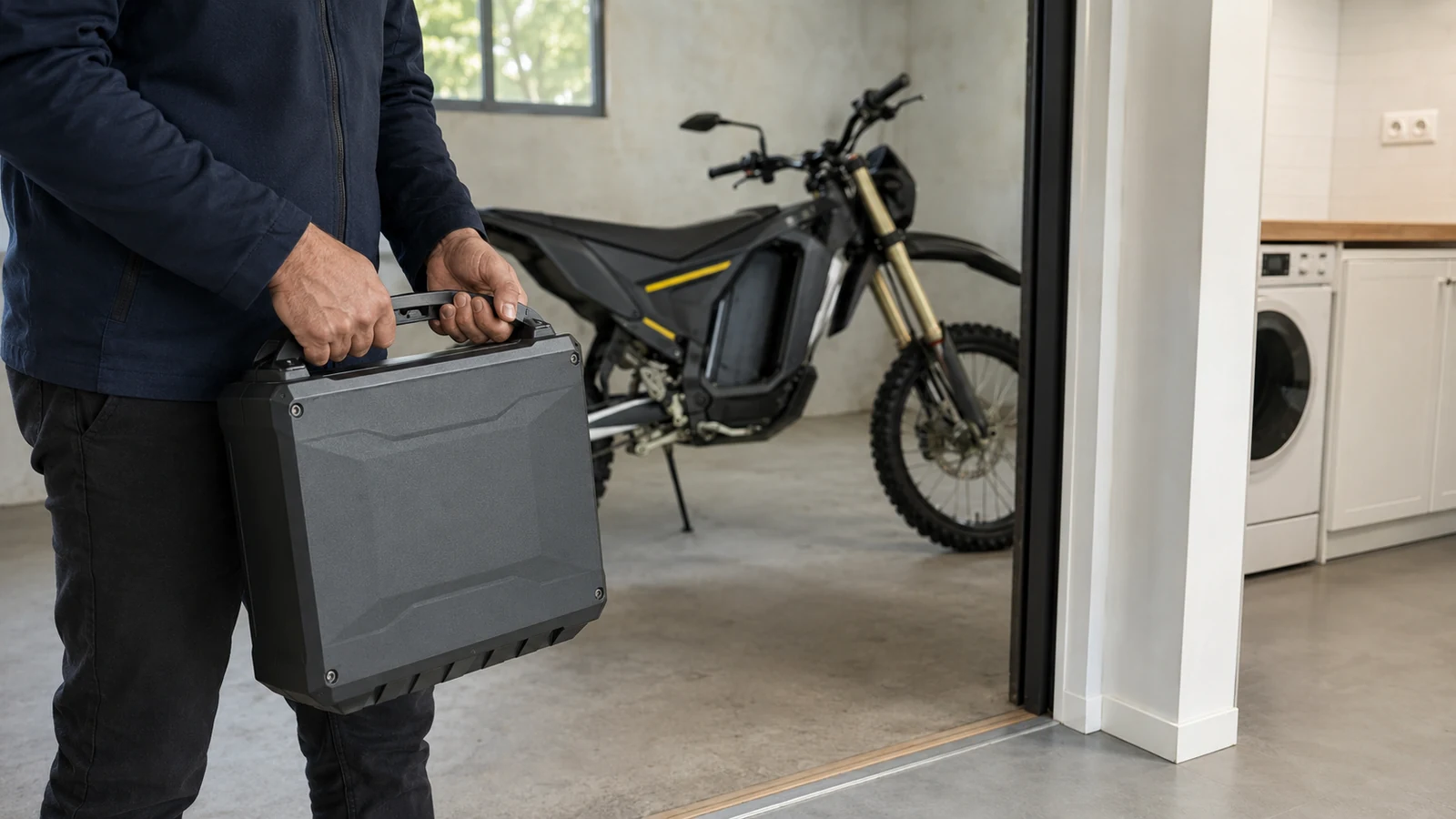 Person trägt einen entnommenen Wechselakku im Koffer aus der Garage ins Haus zum Laden