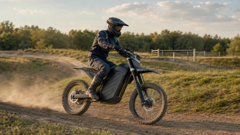 Fahrer bewegt ein Elektro-Enduro mit Staubfahne über eine Geländepiste