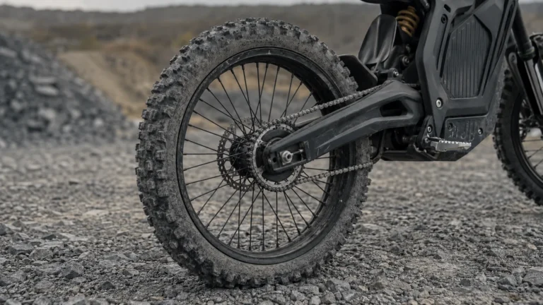 Nahaufnahme eines Stollenreifens am Hinterrad einer E-Enduro auf Schotter