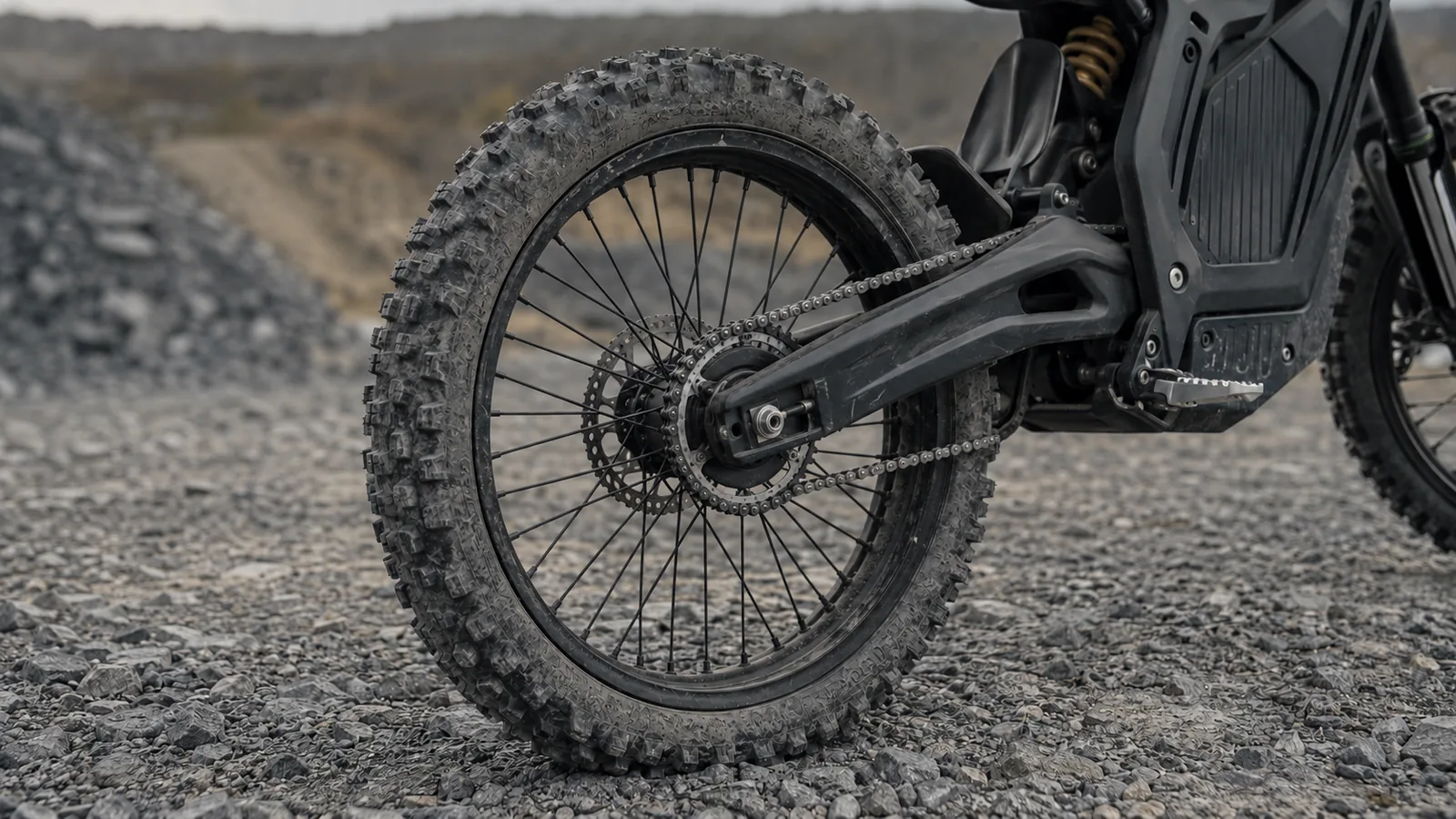 Nahaufnahme eines Stollenreifens am Hinterrad einer E-Enduro auf Schotter