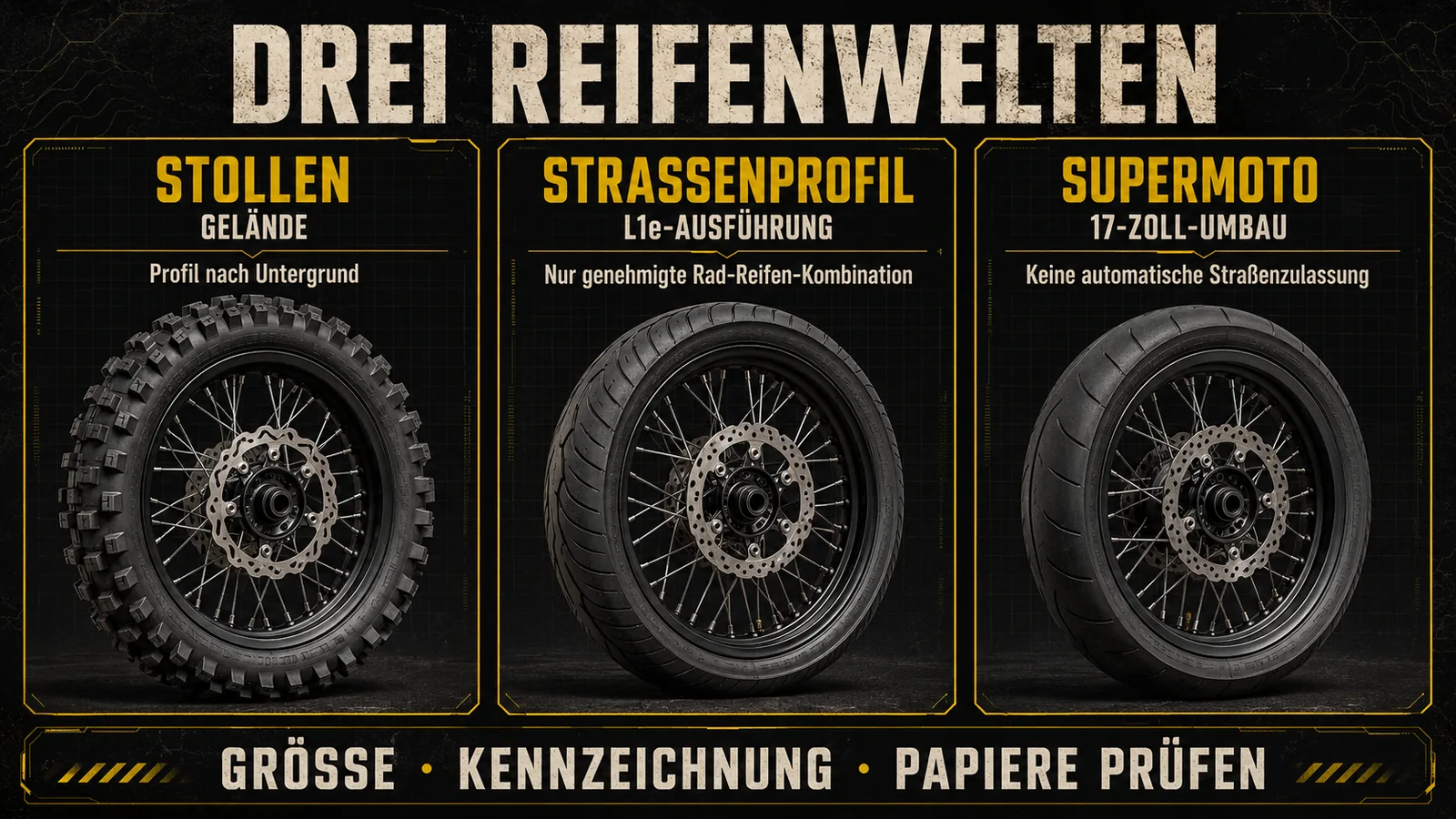 Drei Reifenwelten: Stollen fürs Gelände, Straßenprofil für L1e, Supermoto-Umbau mit 17 Zoll