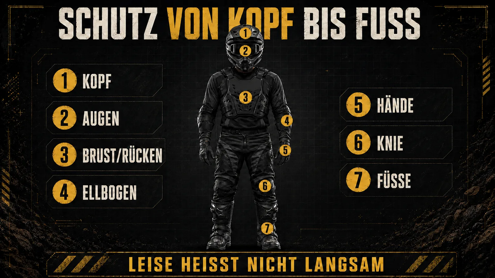 Schutzzonen am Körper: Kopf, Augen, Brust und Rücken, Ellbogen, Hände, Knie, Füße