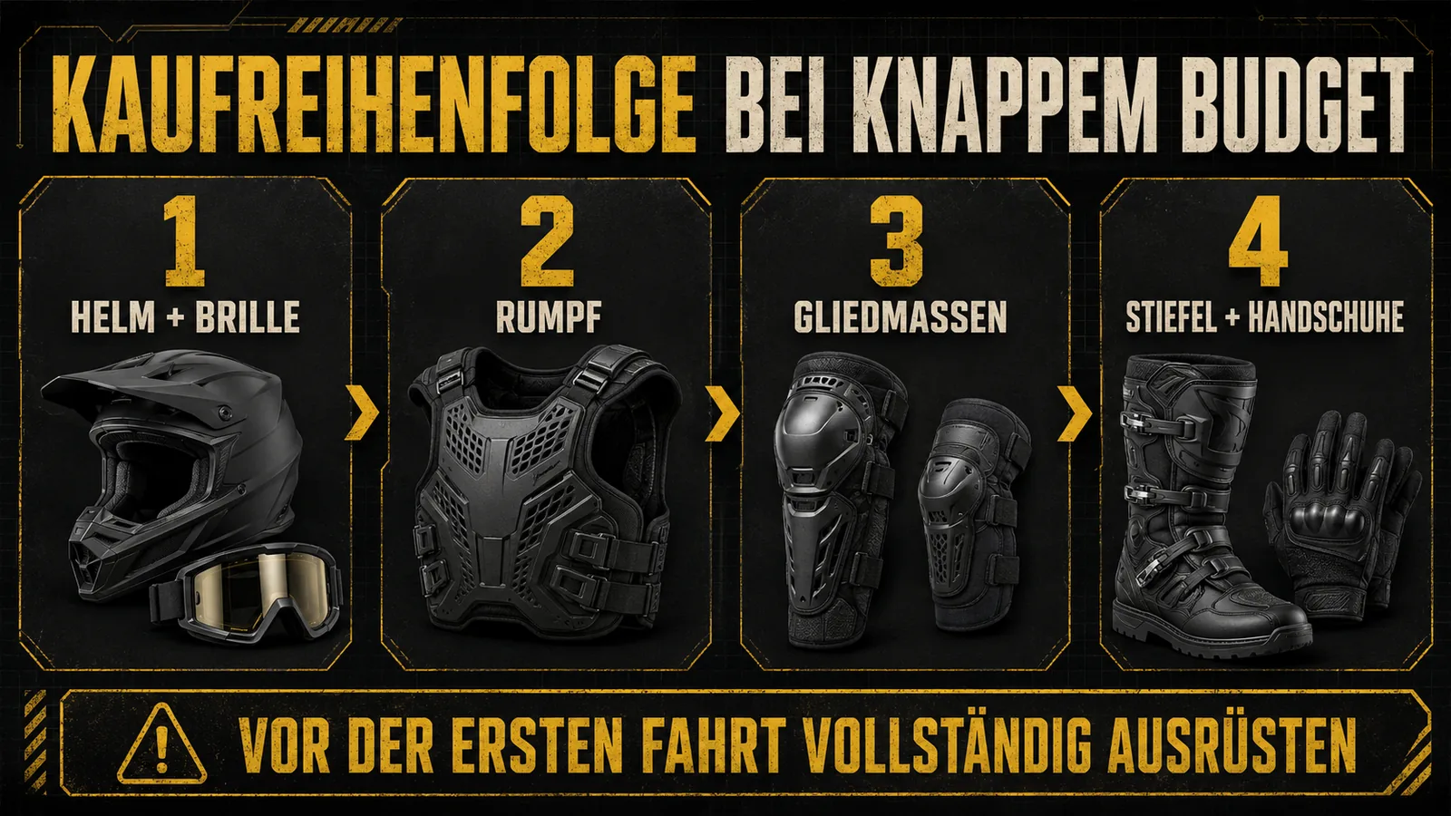 Kaufreihenfolge der Schutzausrüstung bei knappem Budget: erst Helm und Brille, dann Rumpf, dann Gliedmaßen, dann Stiefel und Handschuhe