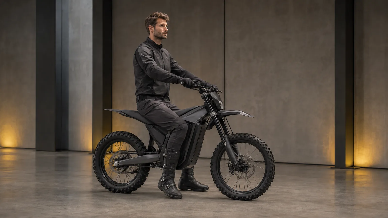 Großer Fahrer sitzt aufrecht auf einer leichten E-Enduro in einer neutralen Halle