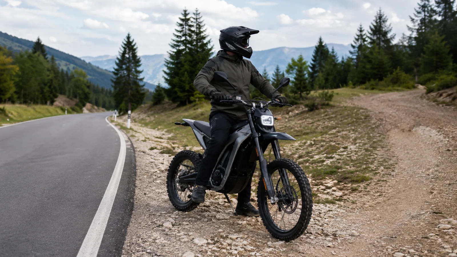 Elektrische Enduro auf Schotterfläche als Beispiel für Straßenversion und Offroad-Version