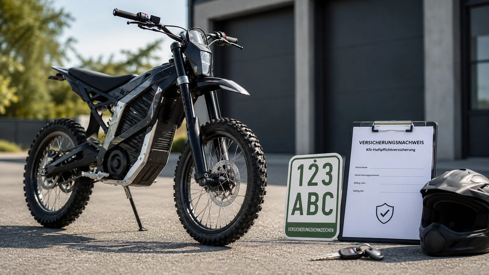 Elektrische Enduro auf neutralem Gelände als Beispiel für Versicherung und Kennzeichen