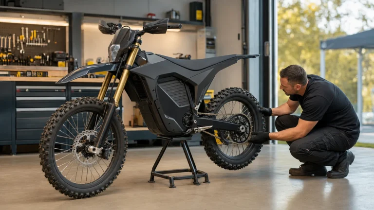 Mechaniker wartet ein aufgebocktes Elektro-Enduro am Hinterrad in einer hellen Werkstatt