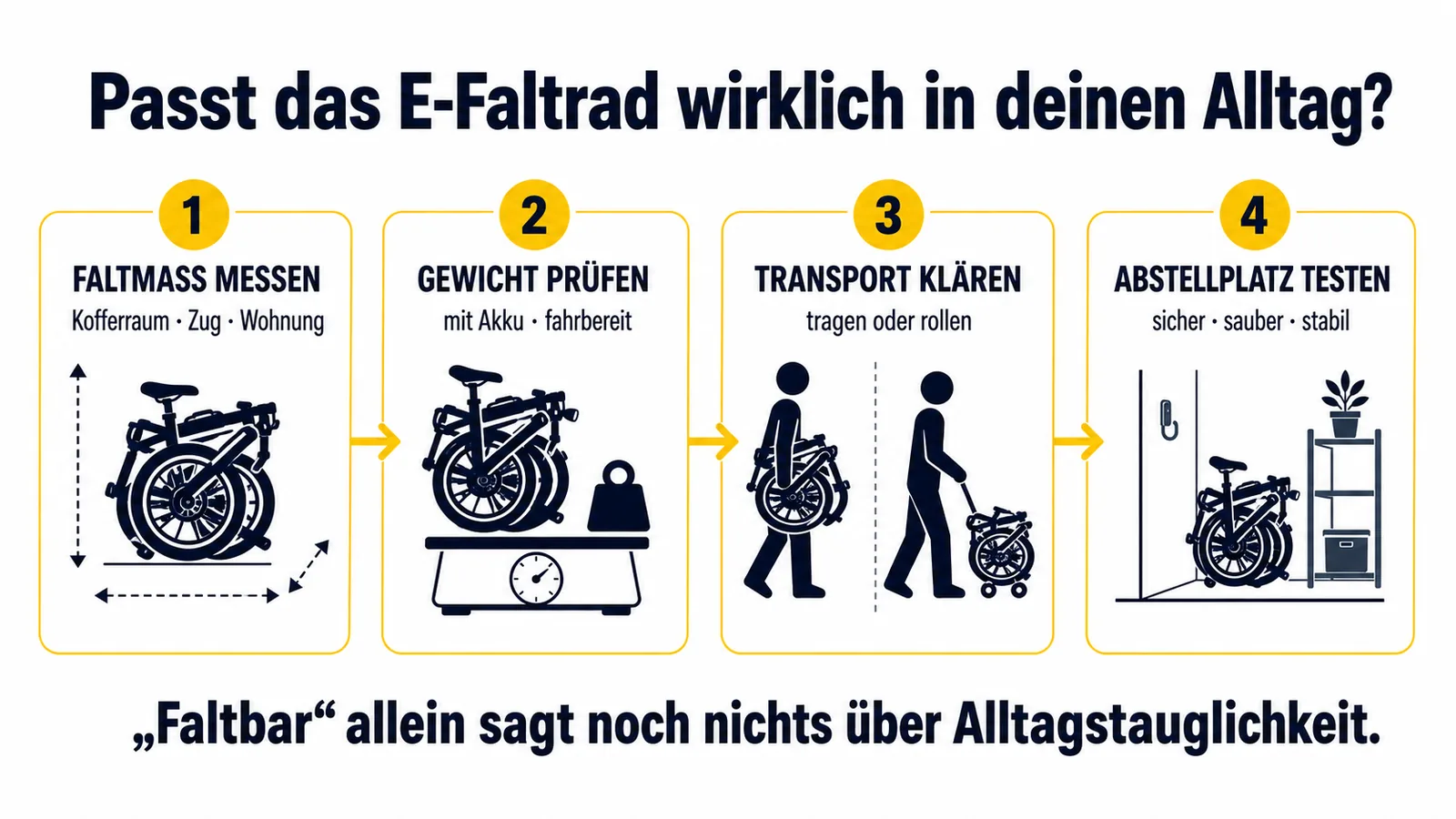 Vier Prüfschritte zu Faltmaß, Gewicht, Transport und Abstellplatz eines elektrischen Faltrads