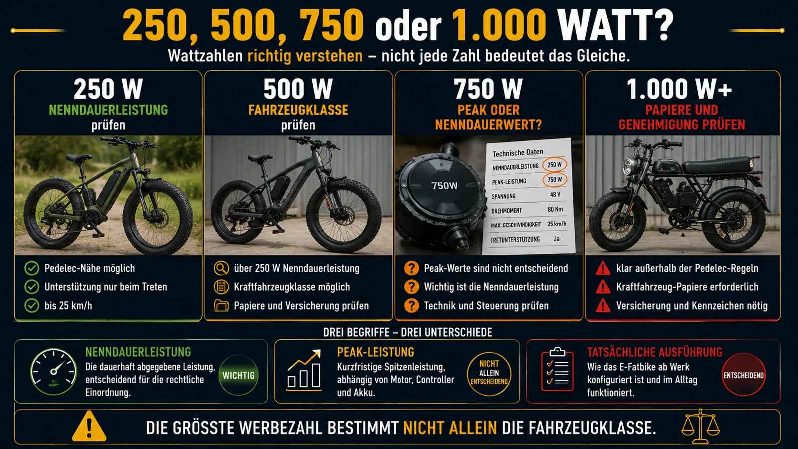 Wattangaben bei E-Fatbikes und Unterschied zwischen Peak und Nenndauerleistung