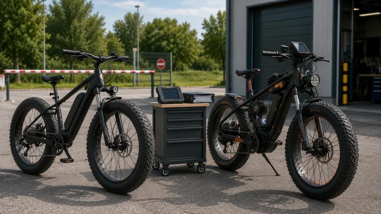 Serienmäßiges und technisch verändertes E-Fatbike auf einer abgesperrten Testfläche