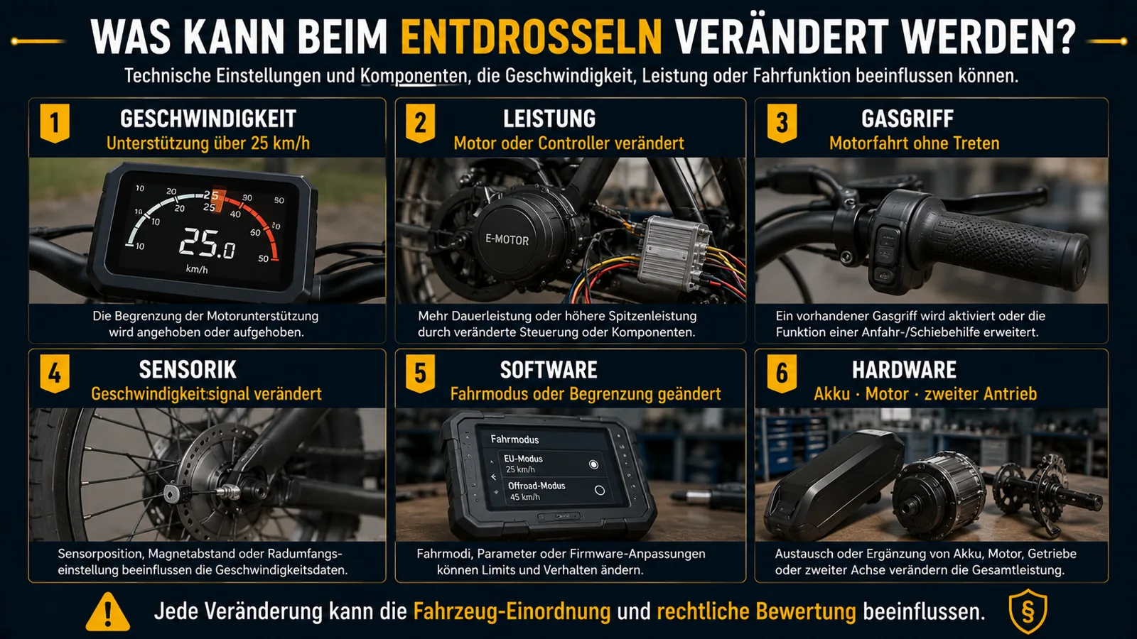 Sechs mögliche Veränderungsarten beim Entdrosseln eines E-Fatbikes