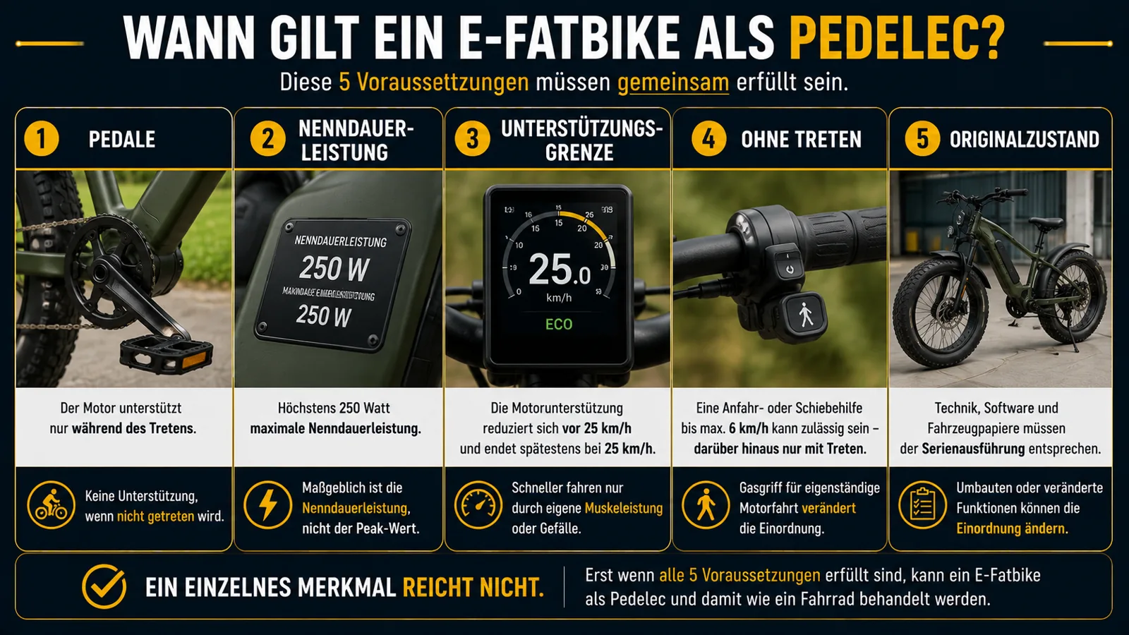 Fünf Voraussetzungen für die Pedelec-Einordnung eines E-Fatbikes