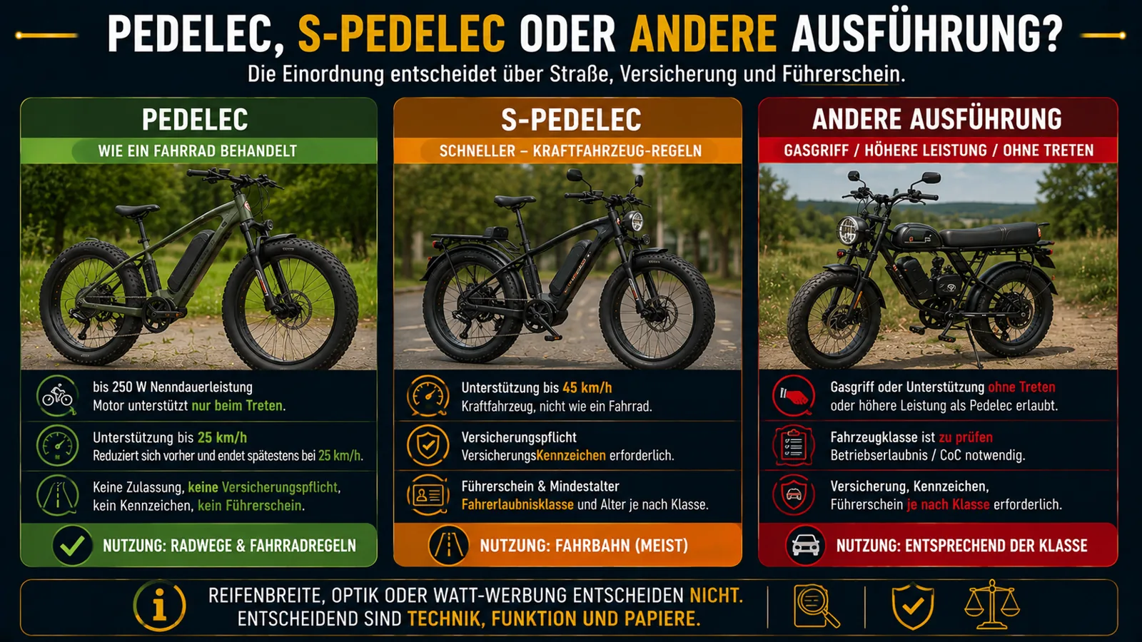 Pedelec, S-Pedelec und andere E-Fatbike-Ausführung im Vergleich