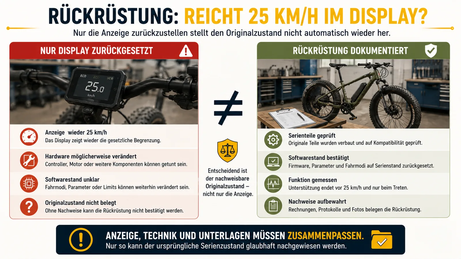 Displayrücksetzung und dokumentierte Rückrüstung eines E-Fatbikes im Vergleich