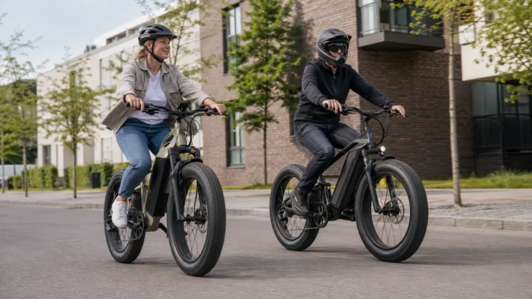 Zwei erwachsene Fahrer auf E-Fatbikes mit breiten Reifen und Pedalen in einer Stadtstrasse, einer mit Fahrradhelm, einer mit Integralhelm