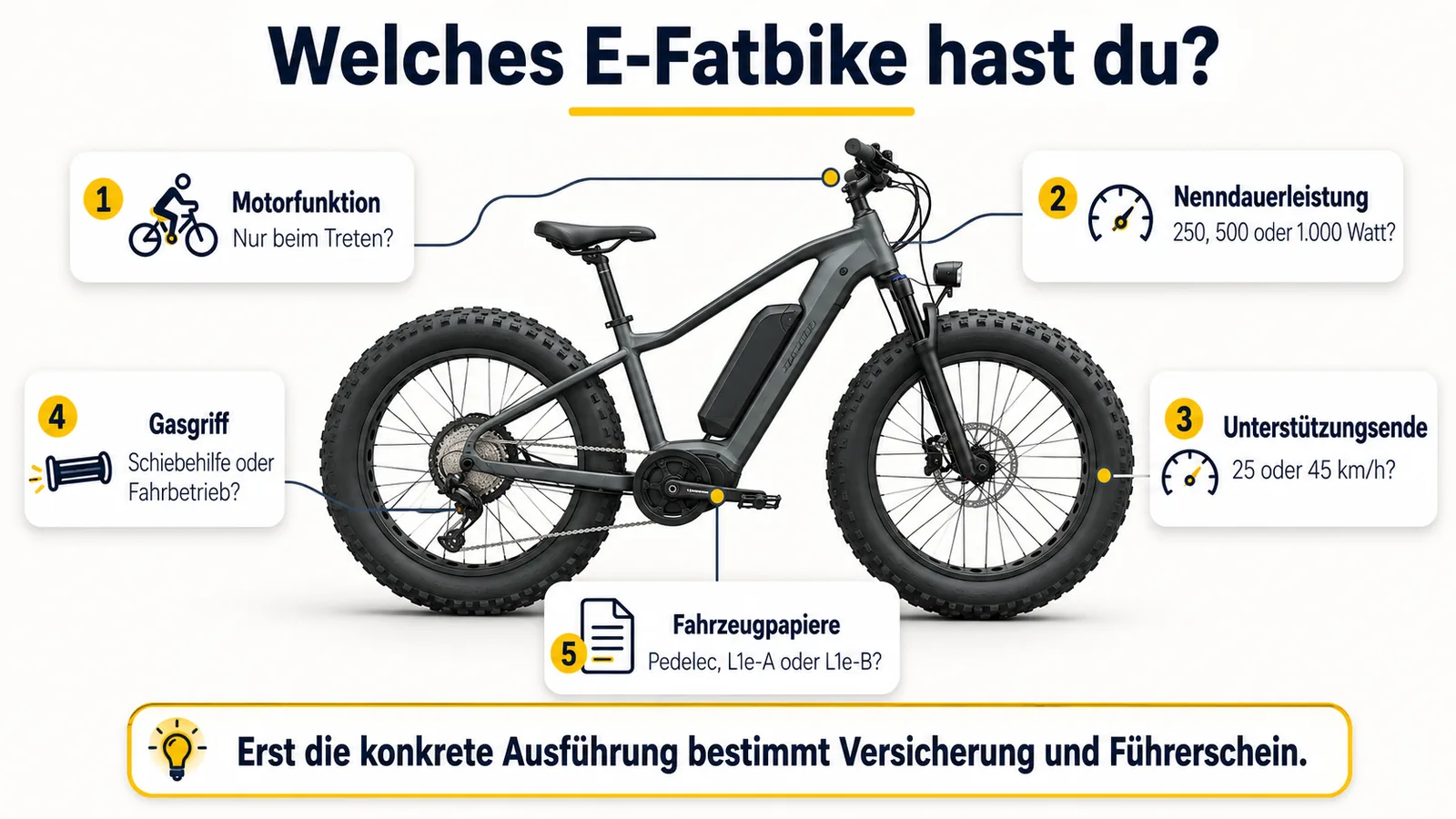 Fünf Prüfpunkte für ein E-Fatbike: Motorfunktion, Nenndauerleistung, Unterstützungsende, Gasgriff und Fahrzeugpapiere