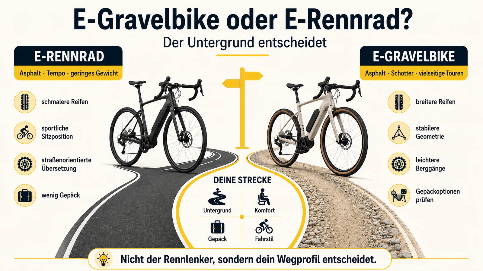 Vergleich von E-Rennrad und E-Gravelbike anhand von Asphalt, Schotter, Komfort und Gepäck