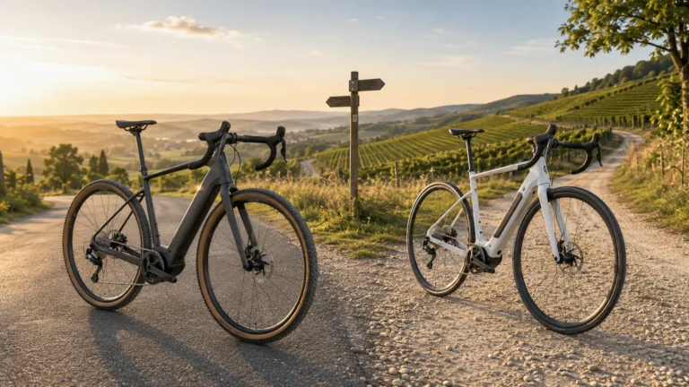 E-Gravelbike und E-Rennrad an der Abzweigung zwischen Asphaltstraße und festem Schotterweg