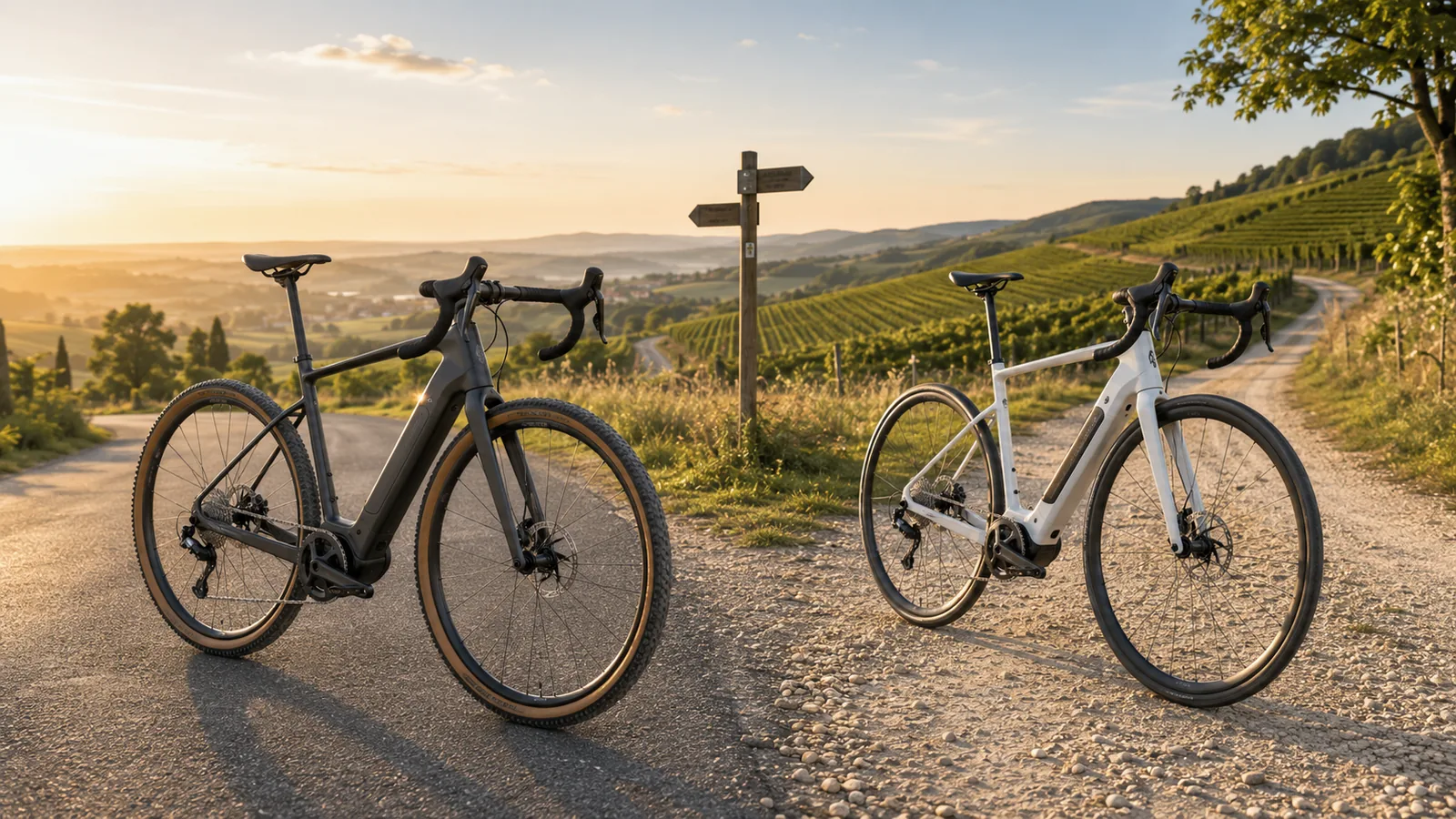 E-Gravelbike und E-Rennrad an der Abzweigung zwischen Asphaltstraße und festem Schotterweg