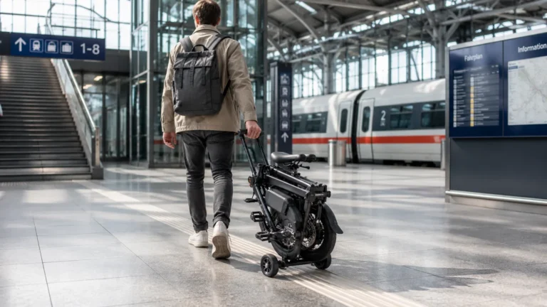 Person rollt ein zusammengefaltetes elektrisches Faltrad durch einen modernen Bahnhof