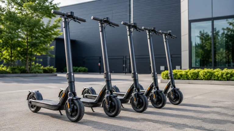 Mehrere markenneutrale E-Scooter aufgereiht auf einem Firmenhof vor einem Gewerbegebäude