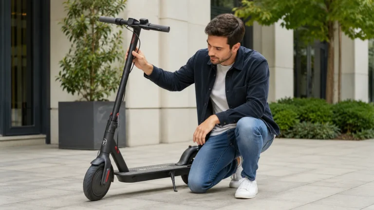 Person begutachtet prüfend einen gebrauchten E-Scooter beim Ankauf