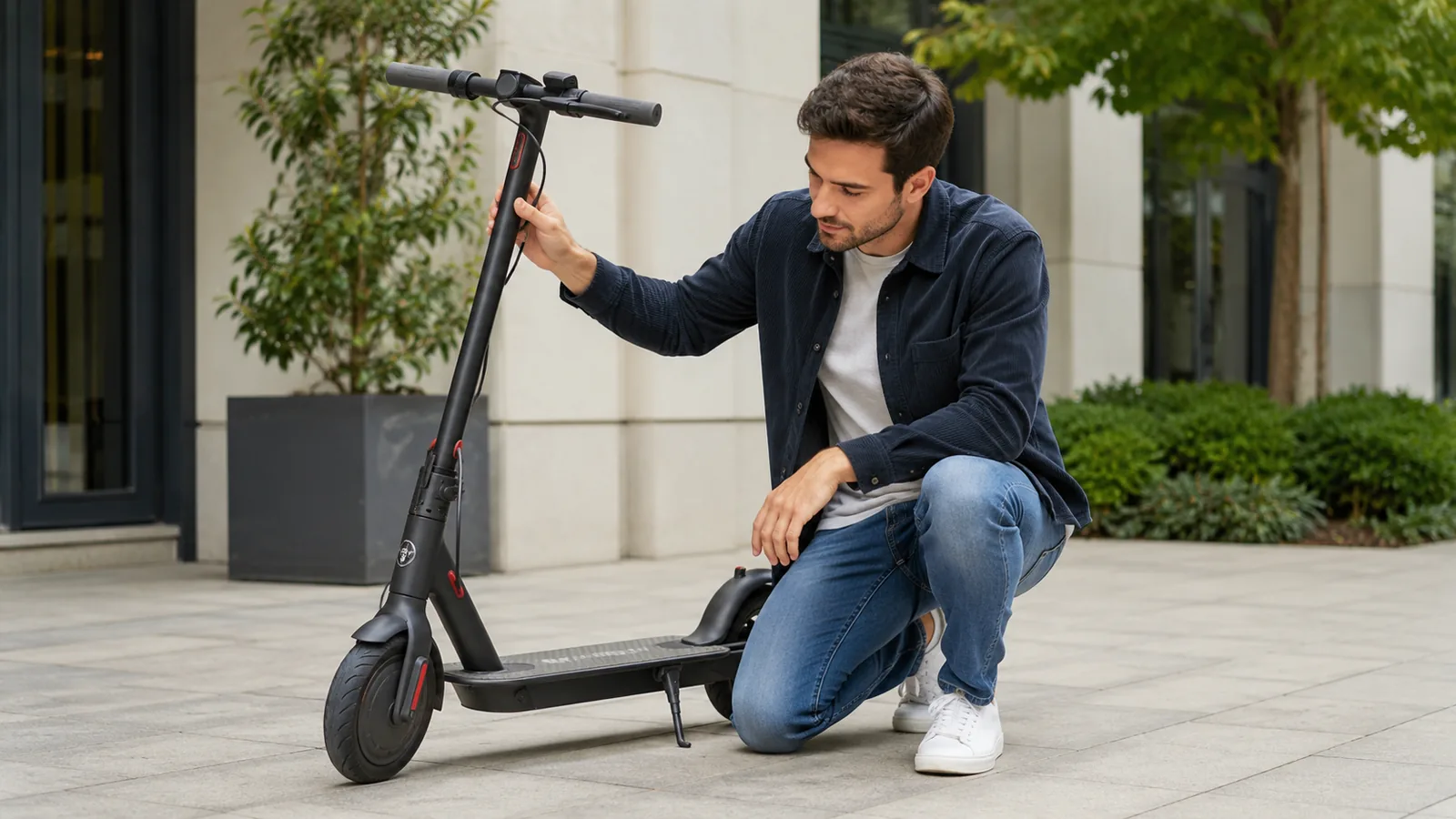 Person begutachtet prüfend einen gebrauchten E-Scooter beim Ankauf