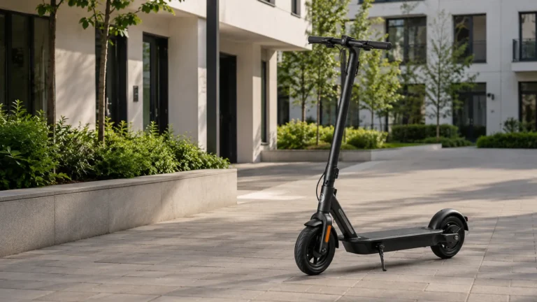 E-Scooter im Innenhof einer Wohnanlage auf gepflastertem Weg abgestellt