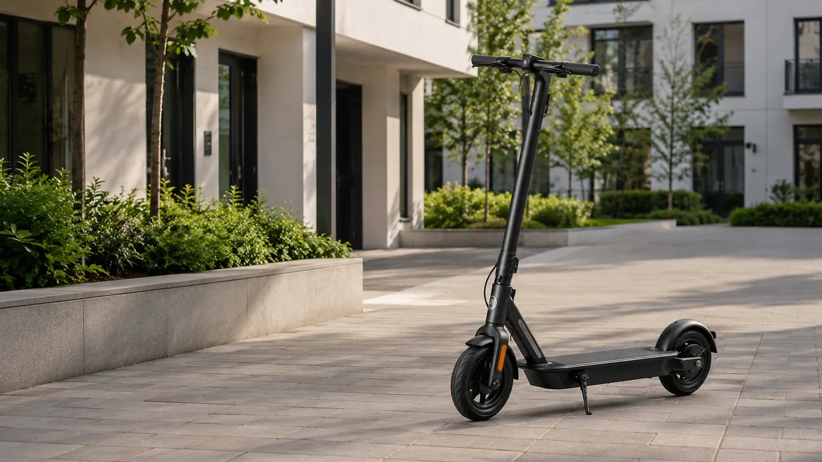 E-Scooter im Innenhof einer Wohnanlage auf gepflastertem Weg abgestellt