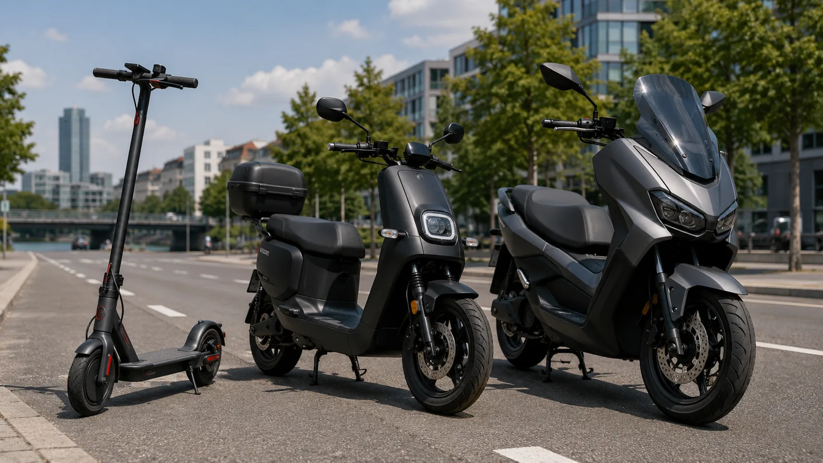 Drei elektrische Zweiraeder nebeneinander: stehender E-Scooter, sitzender E-Moped und groesserer Elektroroller in einer Stadtstrasse