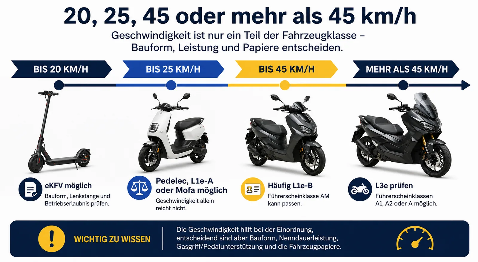 Geschwindigkeitsstrahl für Elektroroller: bis 20 km/h eKFV, bis 25 km/h Pedelec oder Mofa, bis 45 km/h L1e-B, über 45 km/h L3e