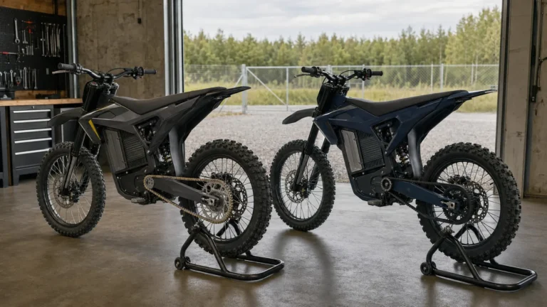 Zwei Elektro-Enduros mit Kettenantrieb auf Montageständern in einer Werkstatt