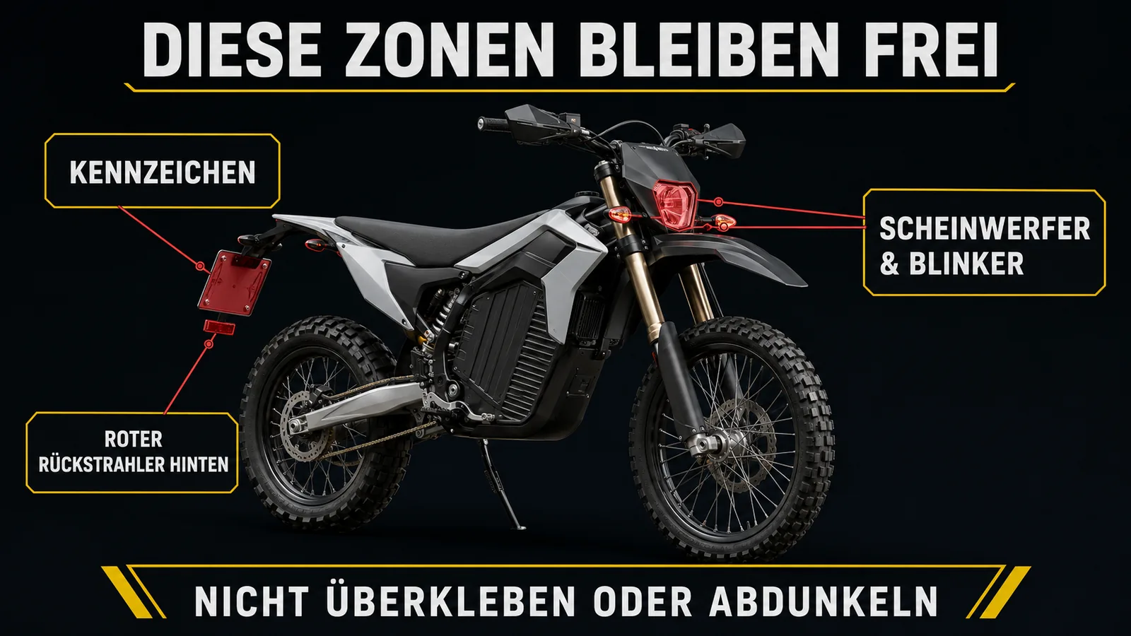 Tabuzonen beim Folieren: Kennzeichen, roter Rückstrahler hinten, Scheinwerfer und Blinker