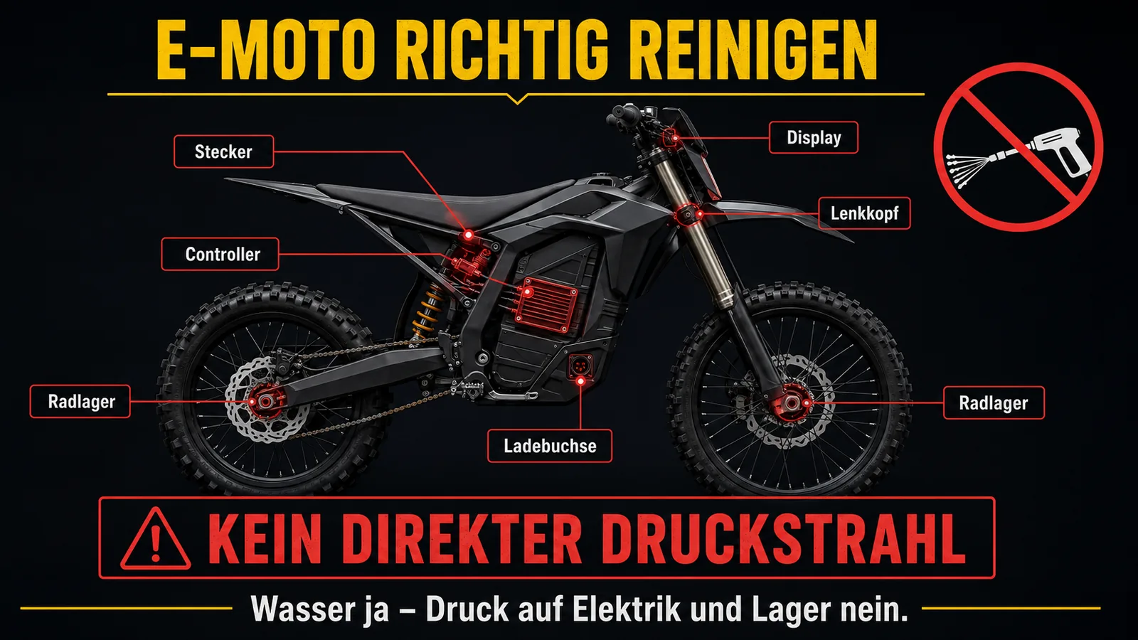 Reinigungs-Tabuzonen: Stecker, Controller, Ladebuchse, Radlager und Lenkkopf