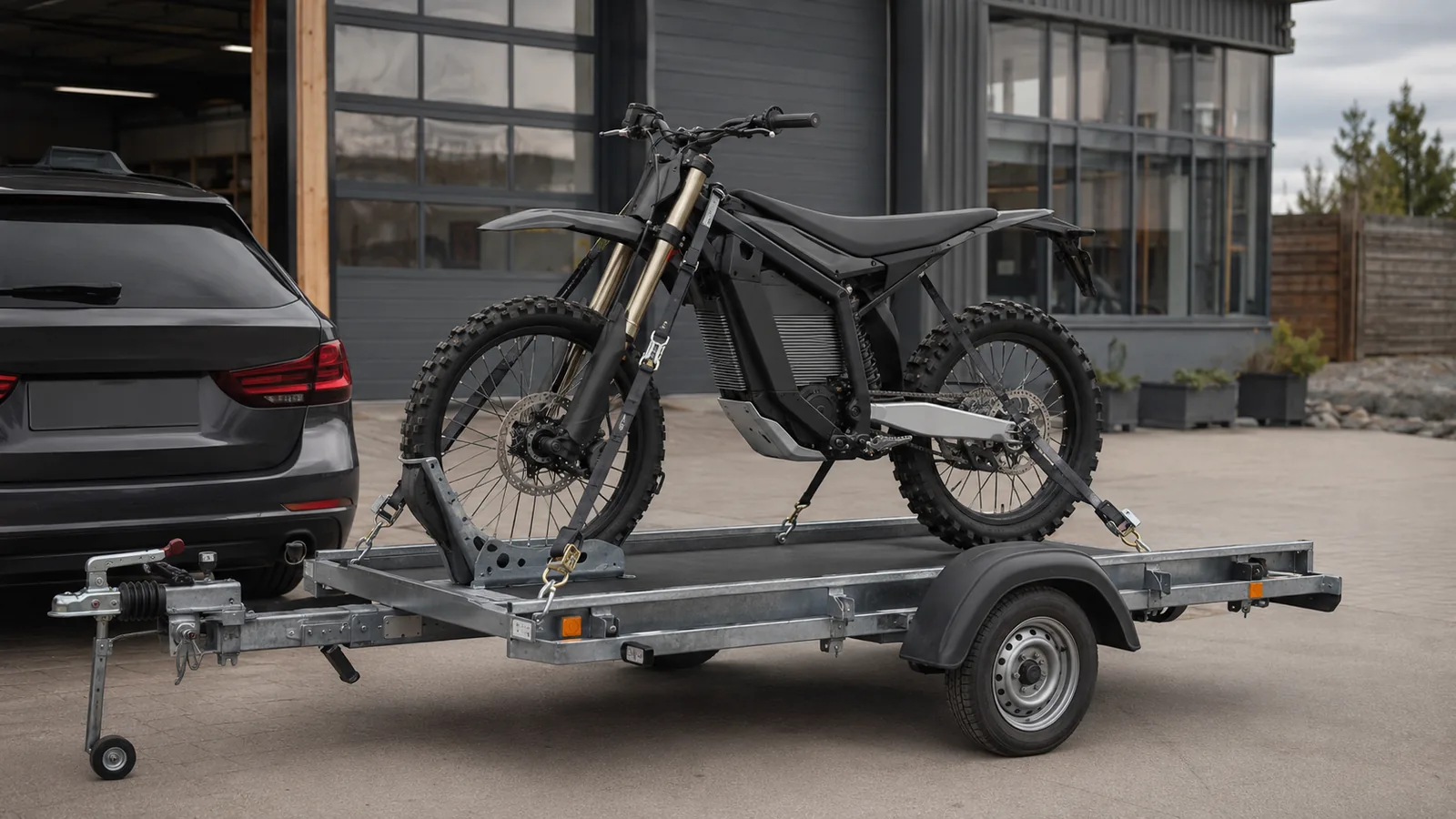 E-Enduro auf einem Motorradträger, mit Zurrgurten gesichert
