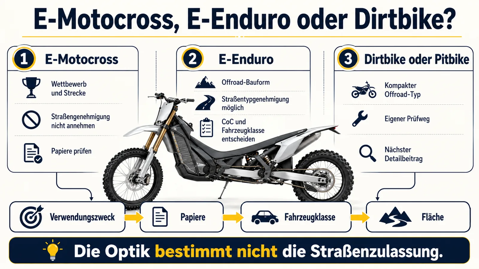 Infografik: Unterschied zwischen E-Motocross, E-Enduro und Dirtbike nach Zweck, Papieren und Fahrzeugklasse