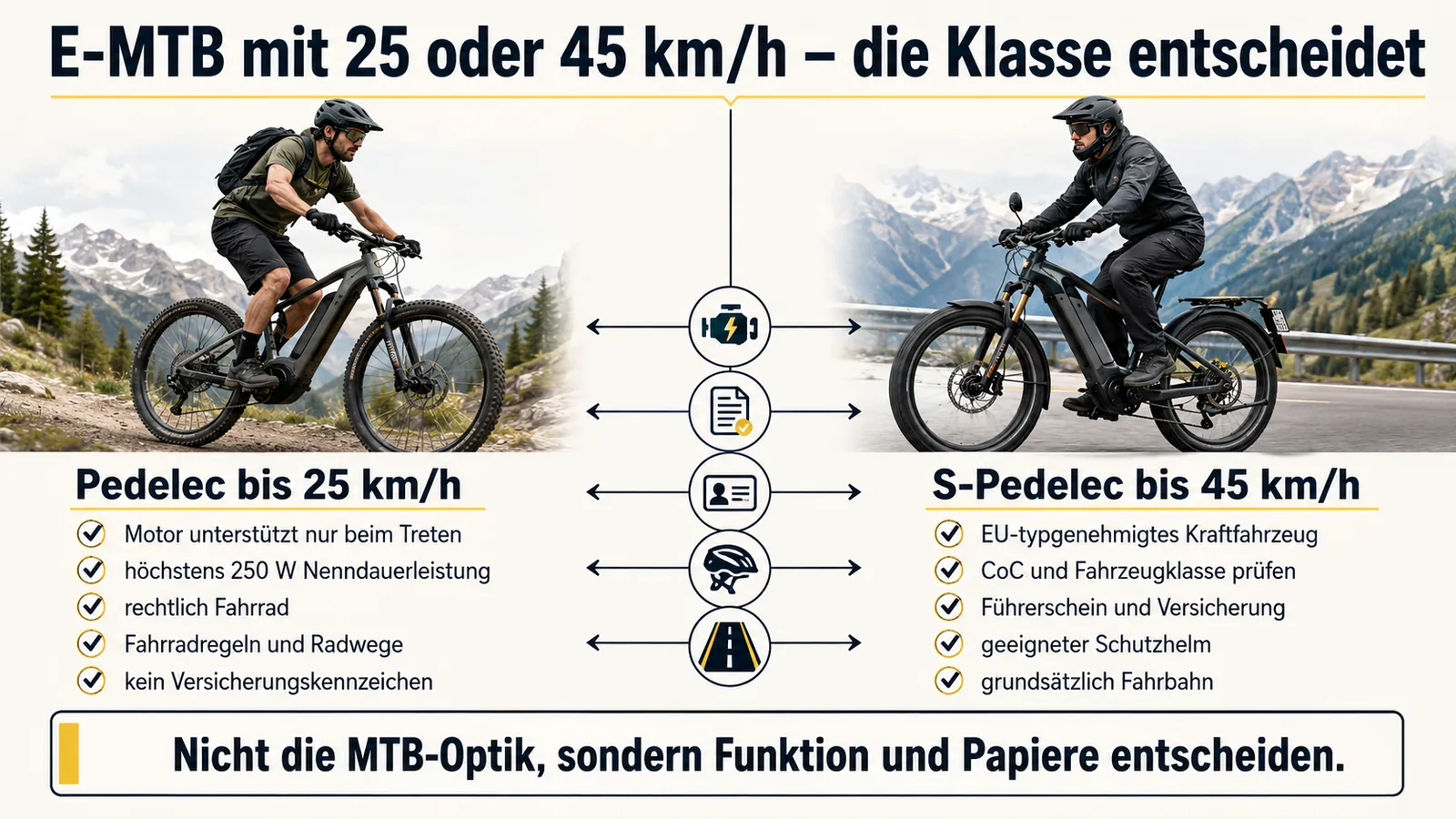 Infografik: E-MTB mit 25 oder 45 km/h – Pedelec als Fahrrad gegenüber S-Pedelec als Kraftfahrzeug