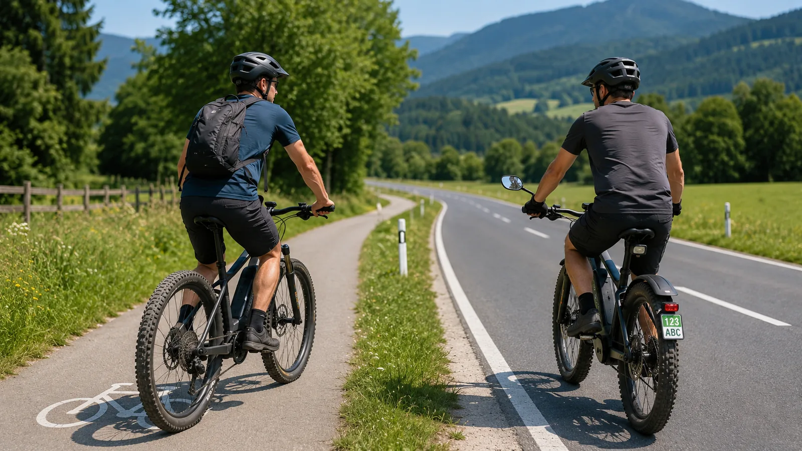 Zwei ähnliche E-Mountainbikes: Pedelec auf dem Radweg, S-Pedelec mit Versicherungskennzeichen auf der Fahrbahn