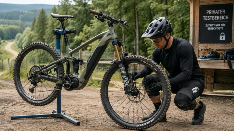 E-Mountainbike auf Montageständer wird geprüft, Schild Privater Testbereich Zutritt nur für Berechtigte